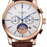 Patek Philippe Chronograph White Dial Rose Gold Case Brown Leather Strap