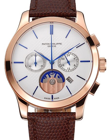 Patek Philippe Chronograph White Dial Rose Gold Case Brown Leather Strap