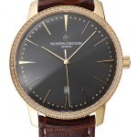 Swiss Vacheron Constantin Patrimony Grey Dial Gold Diamonds Case Brown Leather Bracelet    1454182