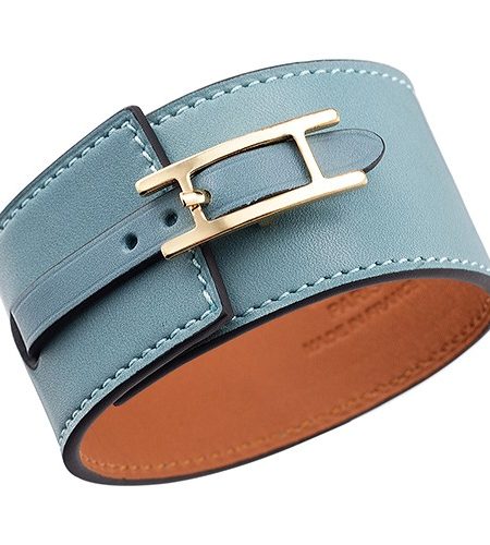 Hermes Hapi Wide Blue Leather Gold Hardware Bracelet 700602