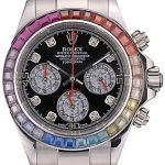 Rolex Daytona Cosmograph Rainbow Crystals Bezel Stainless Steep Strap Black Dial 80250