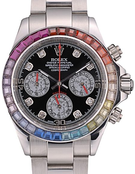 Rolex Daytona Cosmograph Rainbow Crystals Bezel Stainless Steep Strap Black Dial 80250