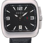 Gucci Black Leather Strap Polished Stainless Steel Bezel Black Dial 80216