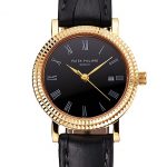 Patek Philippe Calatrava Black Dial Roman Numerals Double Ribbed Bezel Gold Case Black Leather Strap