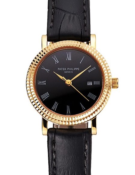 Patek Philippe Calatrava Black Dial Roman Numerals Double Ribbed Bezel Gold Case Black Leather Strap