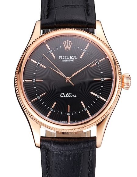 Swiss Rolex Cellini Black Dial Rose Gold Markings Rose Gold Case Black Leather Strap