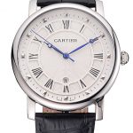 Cartier Rotonde Date White Dial Stainless Steel Case Black Leather Strap