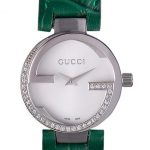 Gucci Interlocking Silver Bezel with Diamonds and Green Leather Band  621515