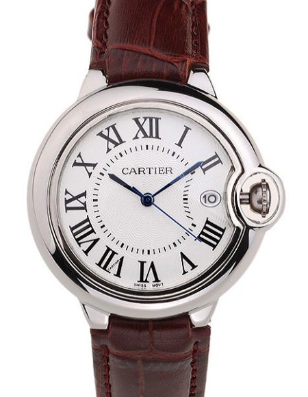 Cartier Ballon Bleu 42mm White Dial Stainless Steel Case Brown Leather Bracelet