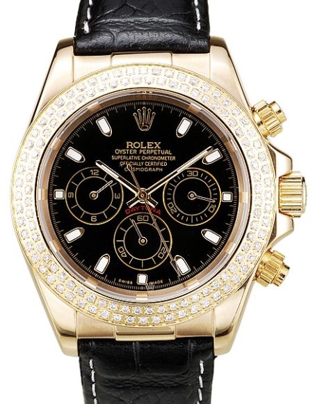 Rolex Daytona Gold Case Crystal Studded Bezel Black Dial