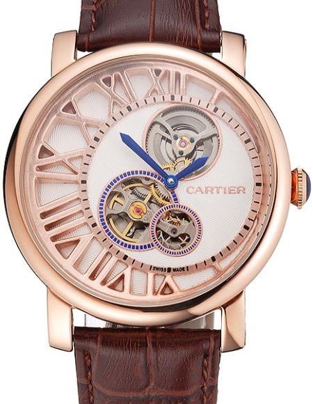Cartier Rotonde De Cartier Flying Tourbillon White Dial Rose Gold Numerals Rose Gold Case Brown Leather Strap