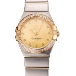 Swiss Lady Omega Constellation Crystal Encrusted Bezel Golden Dial 80293