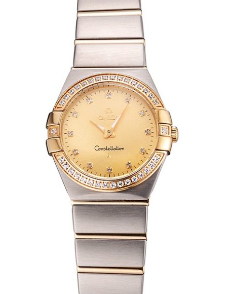 Swiss Lady Omega Constellation Crystal Encrusted Bezel Golden Dial 80293