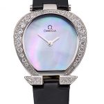 Omega Ladies Watch Pearl Dial Stainless Steel Case With Diamonds Black Leather Strap  622828