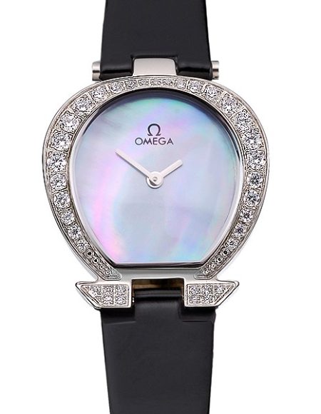 Omega Ladies Watch Pearl Dial Stainless Steel Case With Diamonds Black Leather Strap  622828