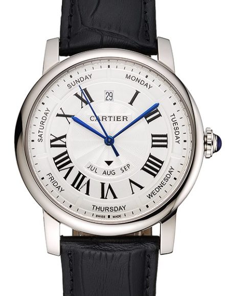 Swiss Cartier Rotonde Annual Calendar White Dial Stainless Steel Case Black Leather Strap