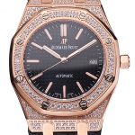 Swiss Audemars Piguet Royal Oak Black Dial Gold Case With Diamonds Black Leather Strap