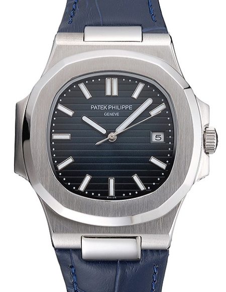 Patek Philippe Nautilus Blue Dial Brushed Stainless Steel Case Blue Leather Strap