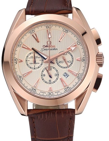 Omega Seamaster Aqua Terra Chronograph Ivory Dial Gold Case Brown Leather Bracelet  622530