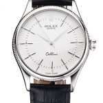 Swiss Rolex Cellini White Guilloche Dial Stainless Steel Case Black Leather Strap