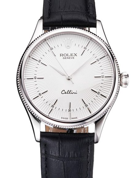 Swiss Rolex Cellini White Guilloche Dial Stainless Steel Case Black Leather Strap