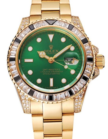 Swiss Rolex GMT Master II Green Dial Stone Set Bezel Gold Case And Bracelet  1453748