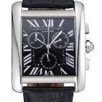Cartier Tank MC Black Dial Stainless Steel Case Black Leather Bracelet  622690