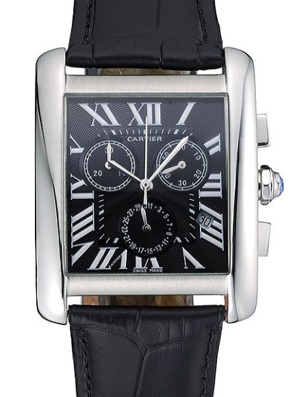 Cartier Tank MC Black Dial Stainless Steel Case Black Leather Bracelet  622690