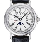 Patek Philippe Perpetual Calendar Retrograde Date White Dial Engraved Silver Case Black Leather Bracelet 1454147
