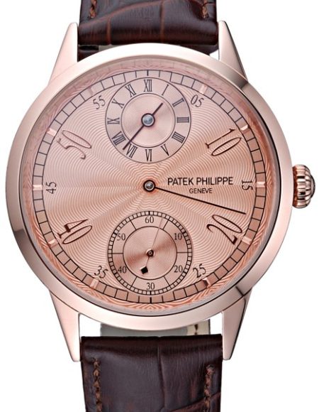 Patek Philippe Geneve Two Dial Rose Dial Rose Gold Bezel Brown Leather Band  622149