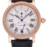 Cartier Rotonde White Dial Gold Case With Jewels Black Leather Strap  622760