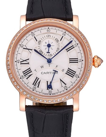 Cartier Rotonde White Dial Gold Case With Jewels Black Leather Strap  622760