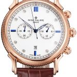 Patek Philippe Chronograph White Dial With Blue And Diamond Markings Rose Gold Case Brown Leather Strap