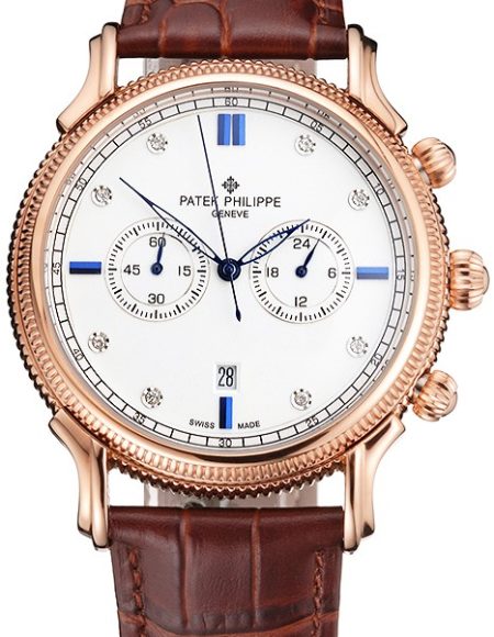 Patek Philippe Chronograph White Dial With Blue And Diamond Markings Rose Gold Case Brown Leather Strap