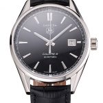 Swiss Tag Heuer Carrera Calibre 5 Black Dial Stainless Steel Case Black Leather Strap