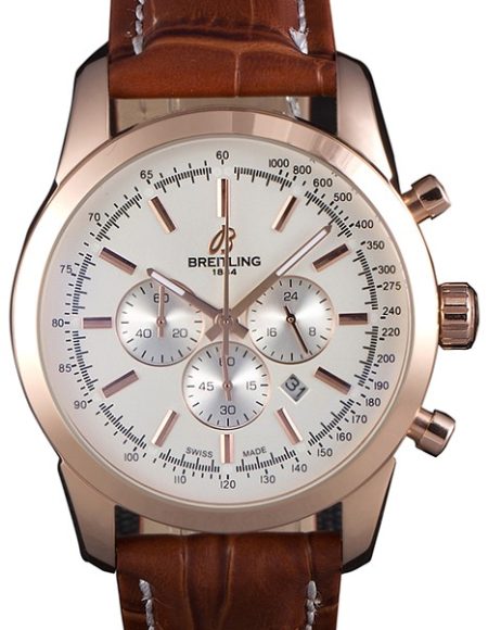 Breitling Transocean White Dial Brown Leather Strap Rose Gold Bezel