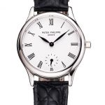 Patek Philippe Calatrava White Dial Roman Numerals Stainless Steel Case Black Leather Strap