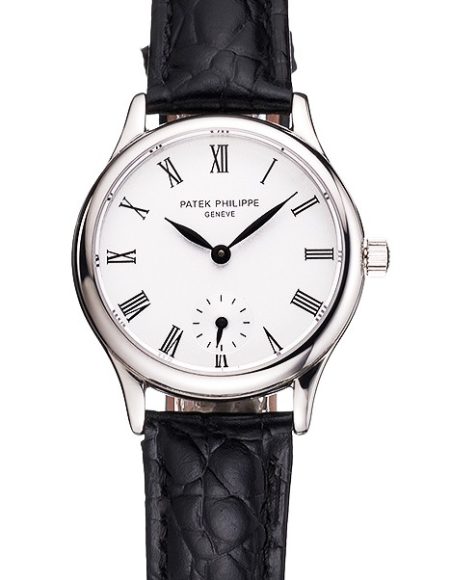 Patek Philippe Calatrava White Dial Roman Numerals Stainless Steel Case Black Leather Strap