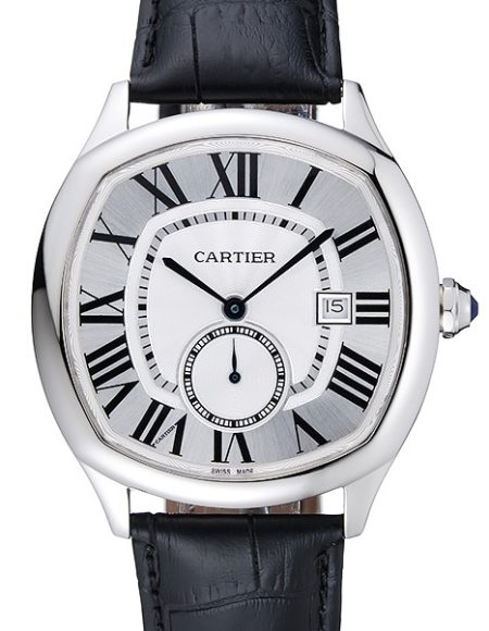 Cartier Drive De Cartier White Dial Silver Case Black Leather Bracelet 1454209