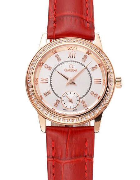 Omega De Ville Prestige Small Seconds White Dial Diamond Bezel Rose Gold Case Red Leather Strap