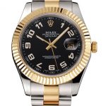 Swiss Rolex Datejust Black Dial Gold Bezel Stainless Steel Case Two Tone Bracelet