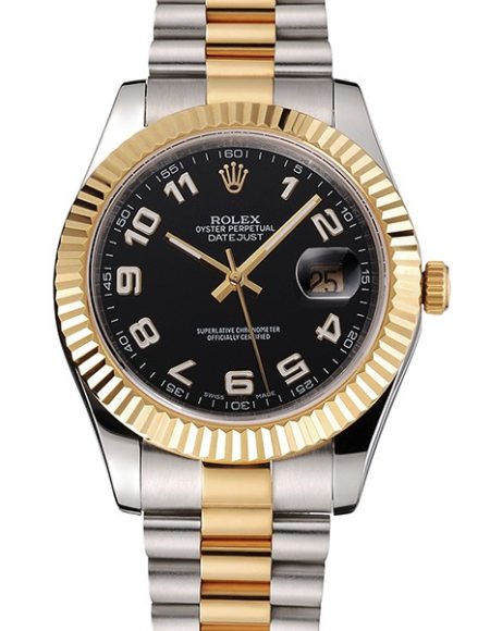 Swiss Rolex Datejust Black Dial Gold Bezel Stainless Steel Case Two Tone Bracelet