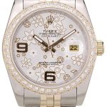 Rolex DateJust Brushed Stainless Steel Case Silver Flowers Dial Diamonds Plated