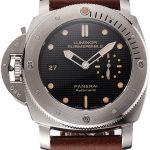 Swiss Panerai Submersible Left Handed Black Embossed Case Stainless Steel Case Brown Leather Strap