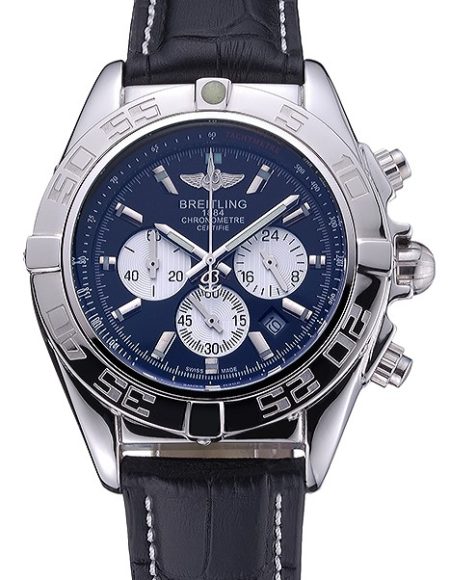 Breitling Chronomat 44 Black Dial with White Subdials Black Leather Bracelet  622511
