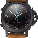 Swiss Panerai Luminor Ceramica Flyback Chronograph Black Dial Black Case Brown Leather Strap