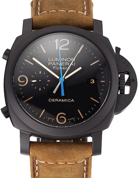 Swiss Panerai Luminor Ceramica Flyback Chronograph Black Dial Black Case Brown Leather Strap
