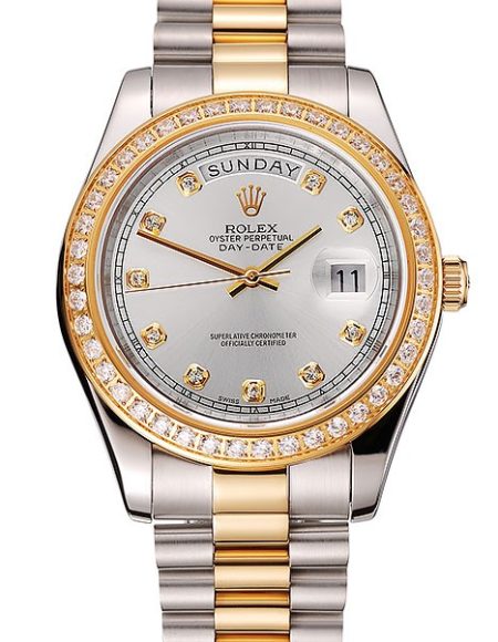 Swiss Rolex Day-Date White Dial Gold Diamond Case Two Tone Stainless Steel Bracelet 1453971