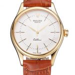 Swiss Rolex Cellini White Guilloche Dial Gold Case Light Brown Leather Strap