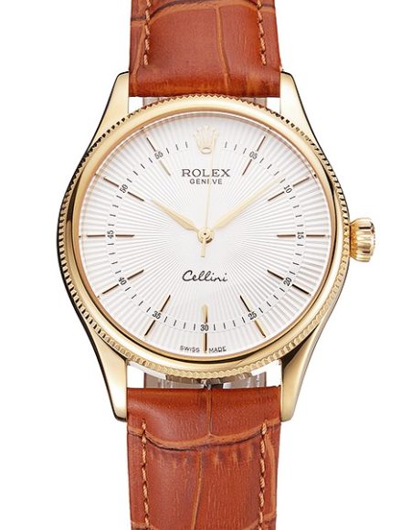 Swiss Rolex Cellini White Guilloche Dial Gold Case Light Brown Leather Strap
